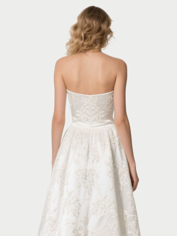 White Strapless Embroidered Satin Midi Dress Women's Formal Party Dress