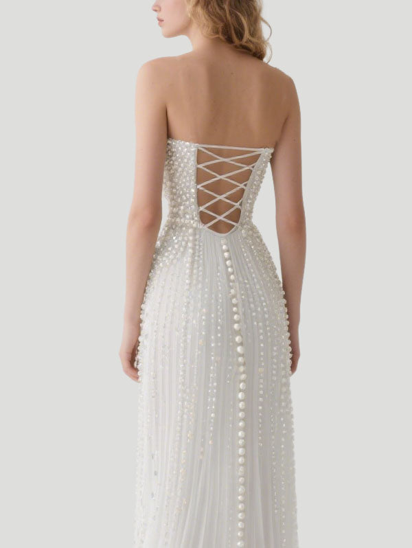 Pearl - Embellished White Strapless Tulle Gown