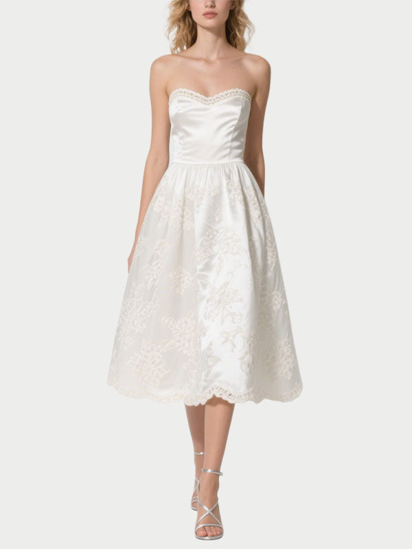 White Strapless Embroidered Satin Midi Dress Women's Formal Party Dress