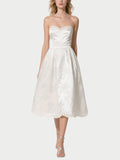 White Strapless Embroidered Satin Midi Dress Women's Formal Party Dress