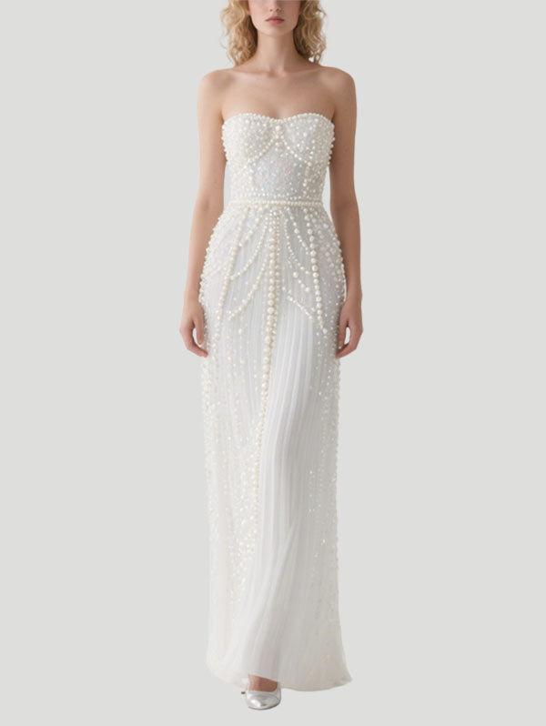 Pearl - Embellished White Strapless Tulle Gown