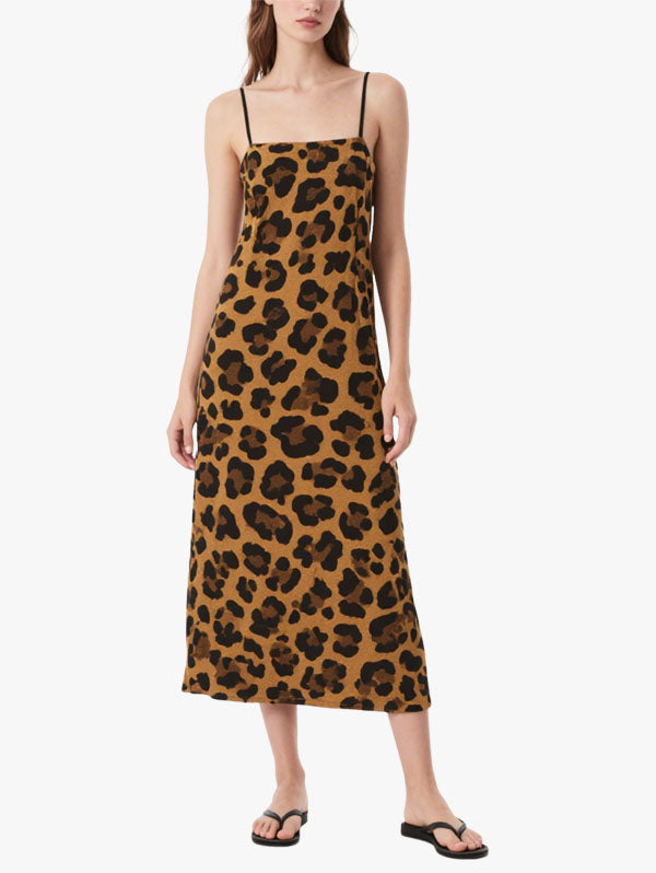 Brown Leopard Slip Midi Dress Women's Trendy Casual Outfit
