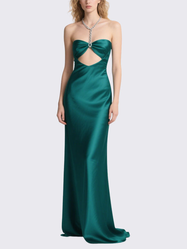 Emerald Green Satin Cut Out Strapless Gown with Crystal Chain