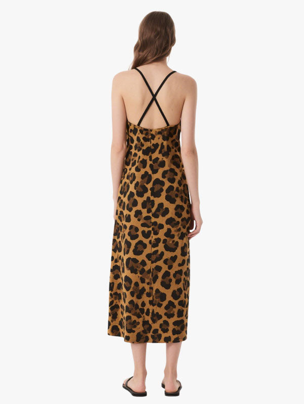 Brown Leopard Slip Midi Dress Women's Trendy Casual Outfit
