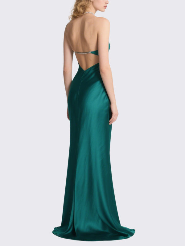 Emerald Green Satin Cut Out Strapless Gown with Crystal Chain