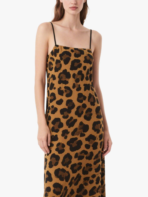 Brown Leopard Slip Midi Dress Women's Trendy Casual Outfit