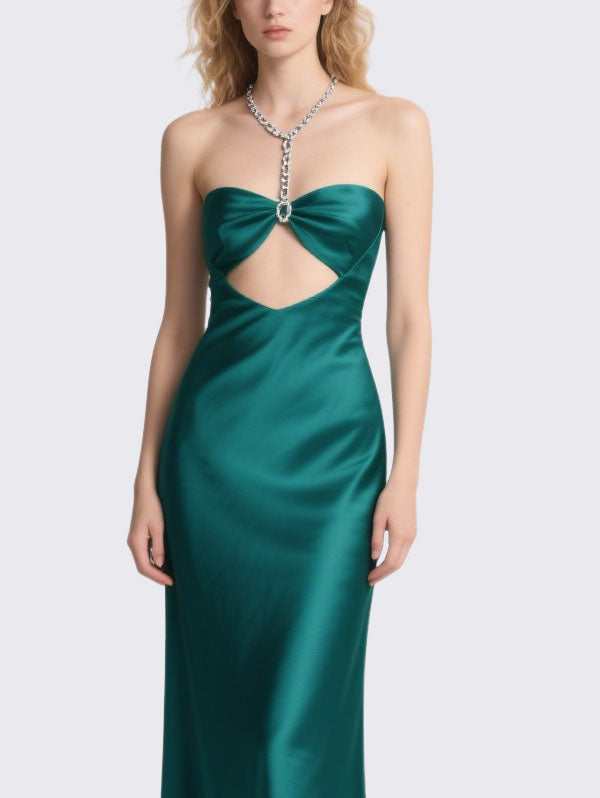 Emerald Green Satin Cut Out Strapless Gown with Crystal Chain