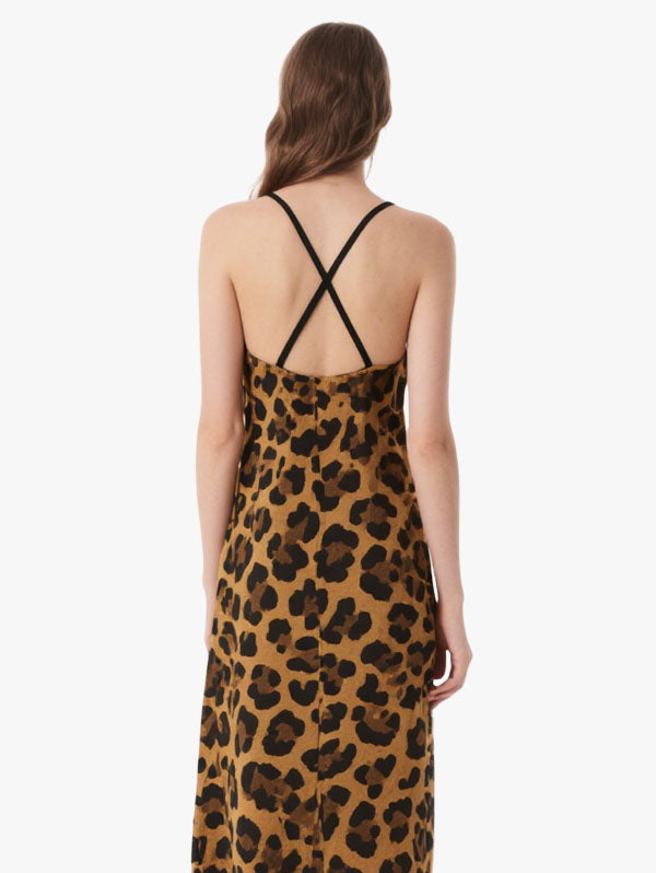 Brown Leopard Slip Midi Dress Women's Trendy Casual Outfit