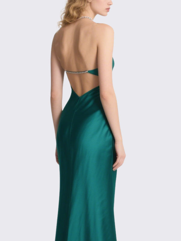 Emerald Green Satin Cut Out Strapless Gown with Crystal Chain
