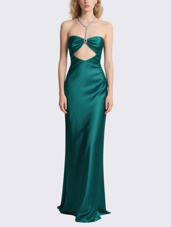 Emerald Green Satin Cut Out Strapless Gown with Crystal Chain
