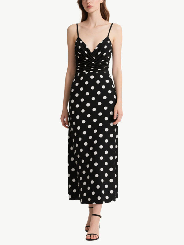 Black Polka Dot Ruched Midi Dress Women's Vintage Dress
