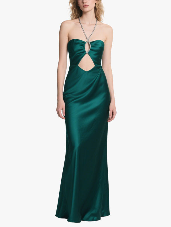 Emerald Green Satin Strapless Cut Out Maxi Dress