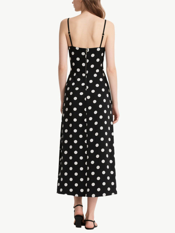 Black Polka Dot Ruched Midi Dress Women's Vintage Dress