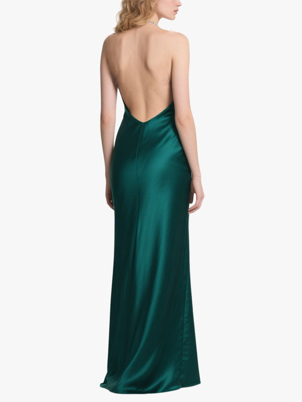 Emerald Green Satin Strapless Cut Out Maxi Dress