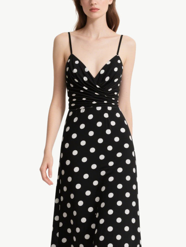 Black Polka Dot Ruched Midi Dress Women's Vintage Dress