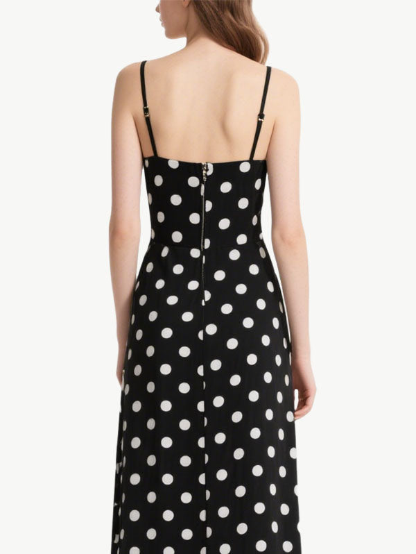Black Polka Dot Ruched Midi Dress Women's Vintage Dress