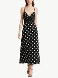 Black Polka Dot Ruched Midi Dress Women's Vintage Dress