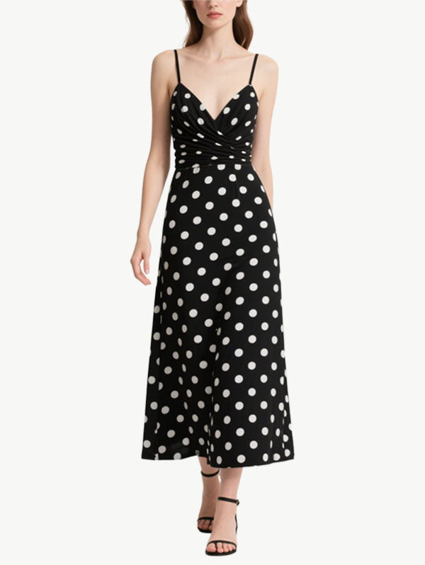 Black Polka Dot Ruched Midi Dress Women's Vintage Dress