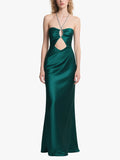 Emerald Green Satin Strapless Cut Out Maxi Dress