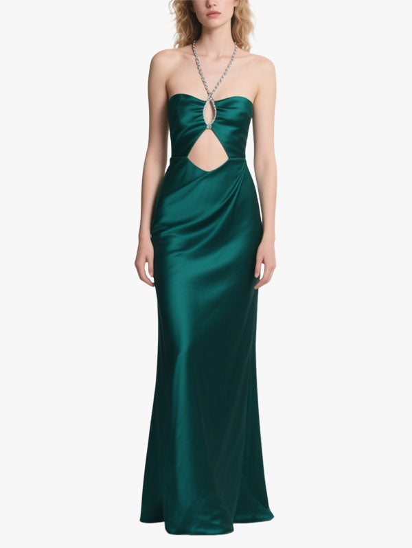Emerald Green Satin Strapless Cut Out Maxi Dress