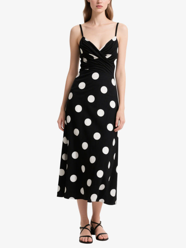 Black Polka Dot Wrap Midi Dress Women's Classic Casual Wear