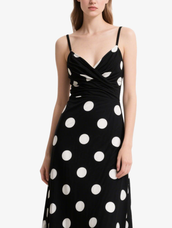 Black Polka Dot Wrap Midi Dress Women's Classic Casual Wear