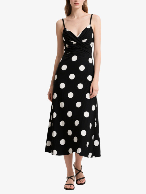Black Polka Dot Wrap Midi Dress Women's Classic Casual Wear