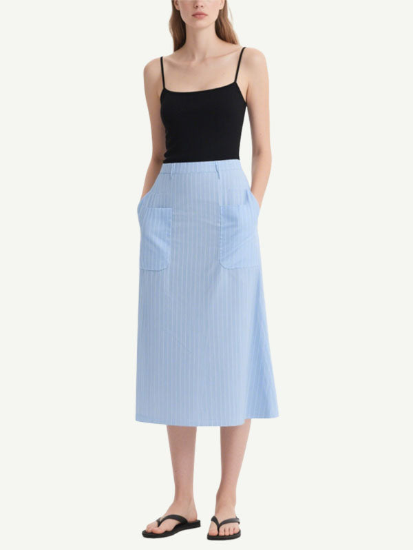 Black and Light Blue Striped Midi Dress with Pockets Women's Casual Dress