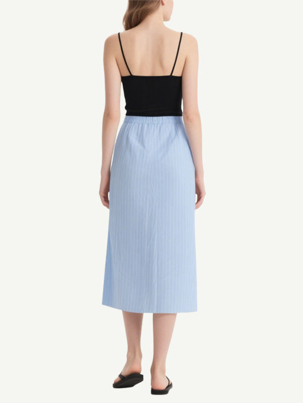 Black and Light Blue Striped Midi Dress with Pockets Women's Casual Dress