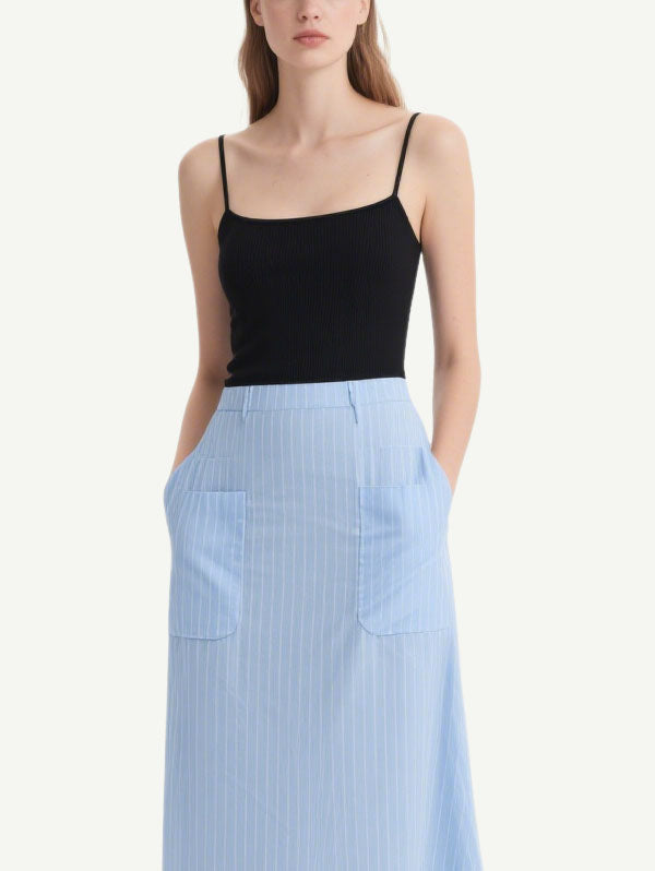 Black and Light Blue Striped Midi Dress with Pockets Women's Casual Dress