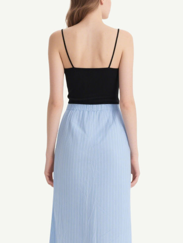 Black and Light Blue Striped Midi Dress with Pockets Women's Casual Dress
