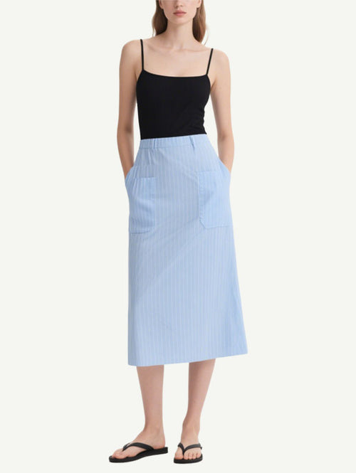 Black and Light Blue Striped Midi Dress with Pockets Women's Casual Dress