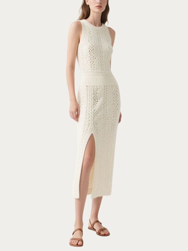 White Knitted Cut Out Midi Dress Women's Chic Summer Outfit