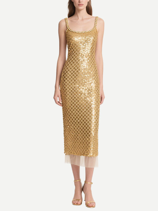 Gold Sequin Midi Dress with Square Neckline