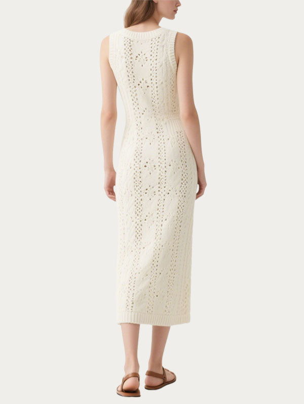White Knitted Cut Out Midi Dress Women's Chic Summer Outfit