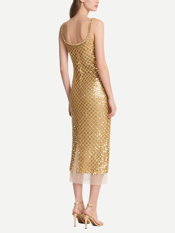 Gold Sequin Midi Dress with Square Neckline