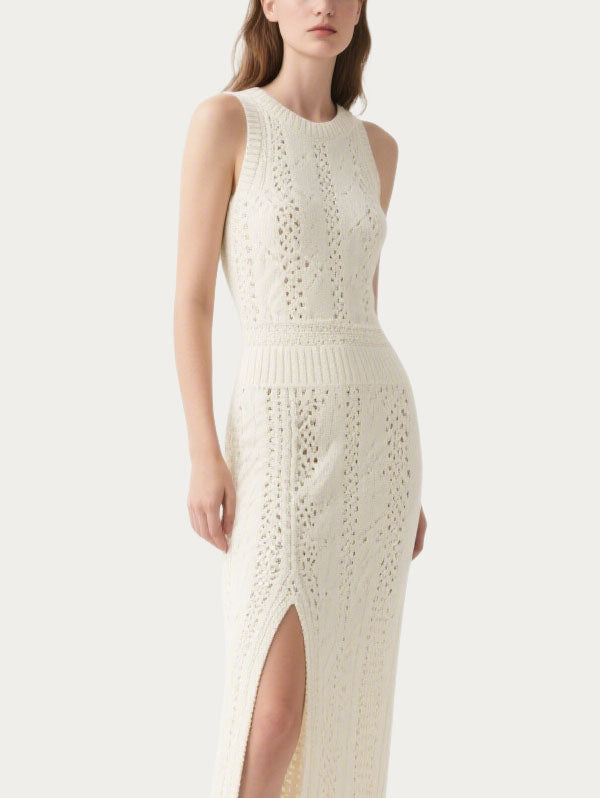 White Knitted Cut Out Midi Dress Women's Chic Summer Outfit