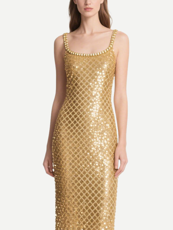 Gold Sequin Midi Dress with Square Neckline