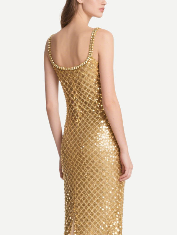 Gold Sequin Midi Dress with Square Neckline