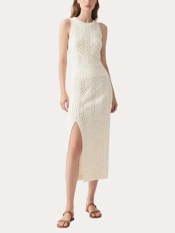 White Knitted Cut Out Midi Dress Women's Chic Summer Outfit