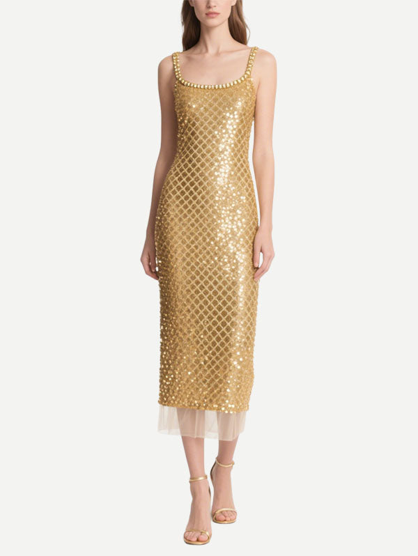 Gold Sequin Midi Dress with Square Neckline