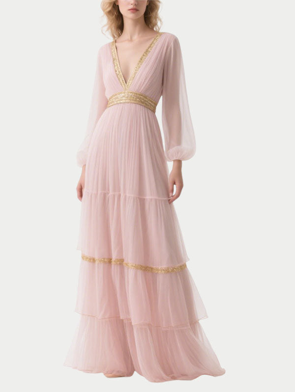 Pink Tulle Tiered Maxi Dress Gold Trim Deep V Evening Gown