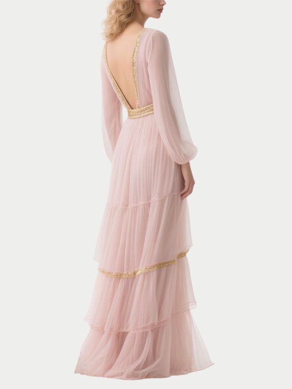 Pink Tulle Tiered Maxi Dress Gold Trim Deep V Evening Gown