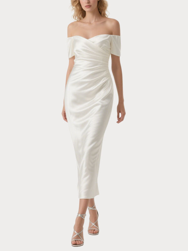 White Off Shoulder Satin Dress Ruched Formal Midi Gown