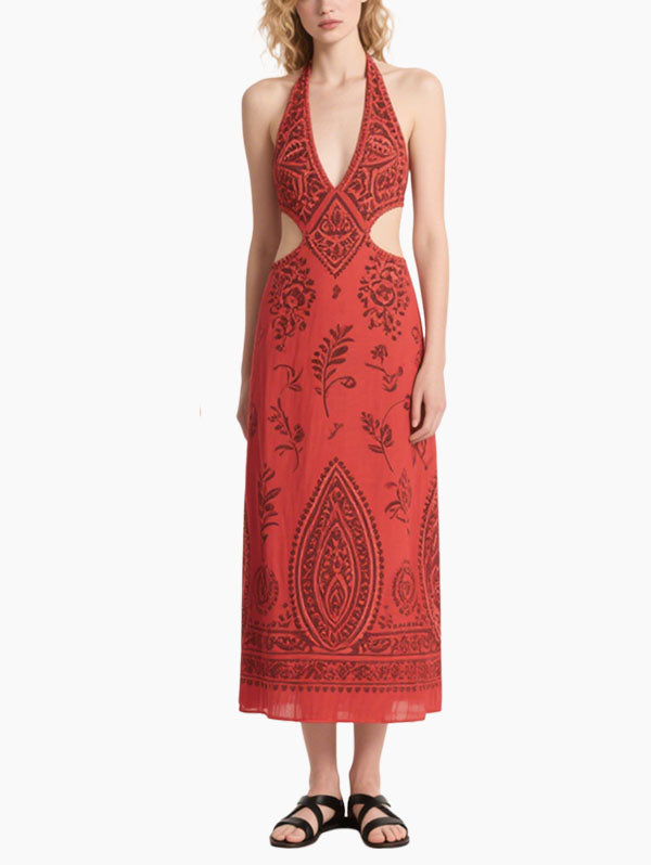 Red Halter Neck Cut Out Maxi Dress Women's Boho Summer Outfit