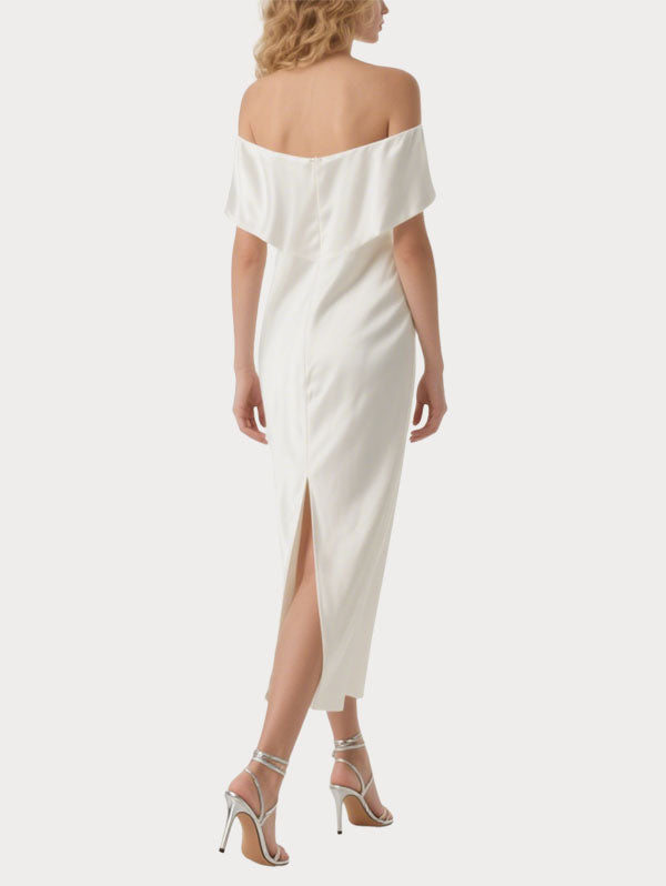 White Off Shoulder Satin Dress Ruched Formal Midi Gown