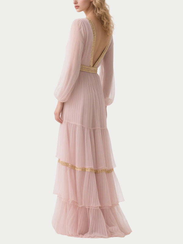 Pink Tulle Tiered Maxi Dress Gold Trim Deep V Evening Gown