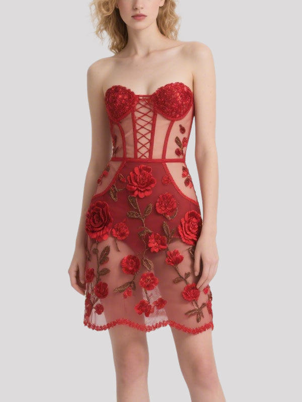 Red Sheer Strapless Mini Dress with Floral Embroidery
