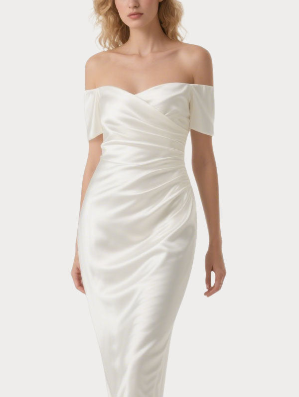 White Off Shoulder Satin Dress Ruched Formal Midi Gown