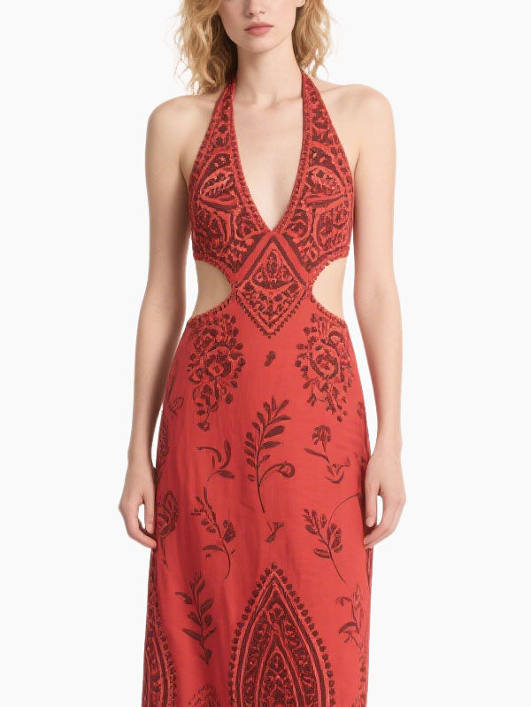 Red Halter Neck Cut Out Maxi Dress Women's Boho Summer Outfit